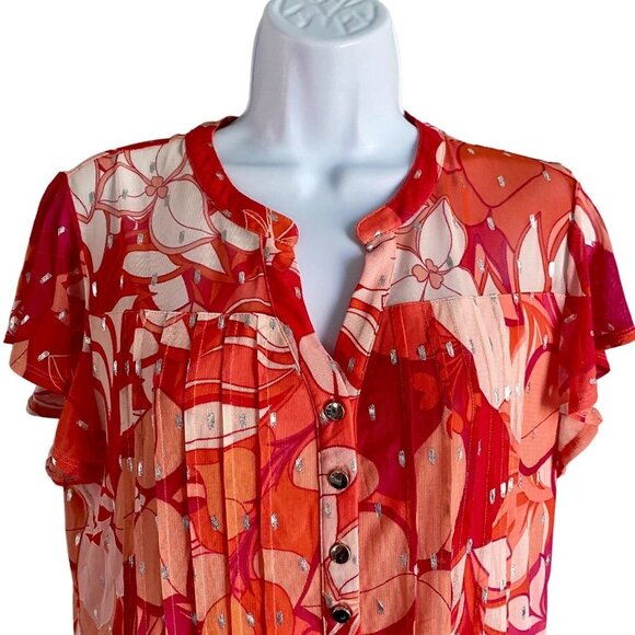 Ava & Grace Short Sleeve Quarter Button Lined Pink Orange Floral Top Women's Med - Picture 6 of 10
